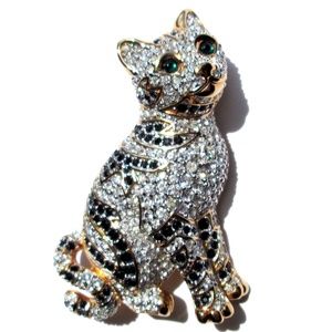 ✨🐱 Swarovski Vintage 1999 Swan Mark Rare Retired Cat Brooch Gold Tone Crystal